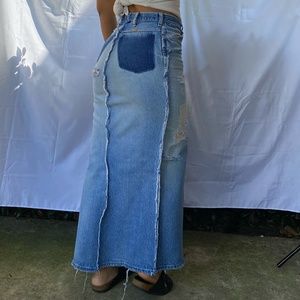 HIGH WAIST SPLIT THIGH REIMAGINED RAW EDGE CUSTOM DENIM SKIRT
